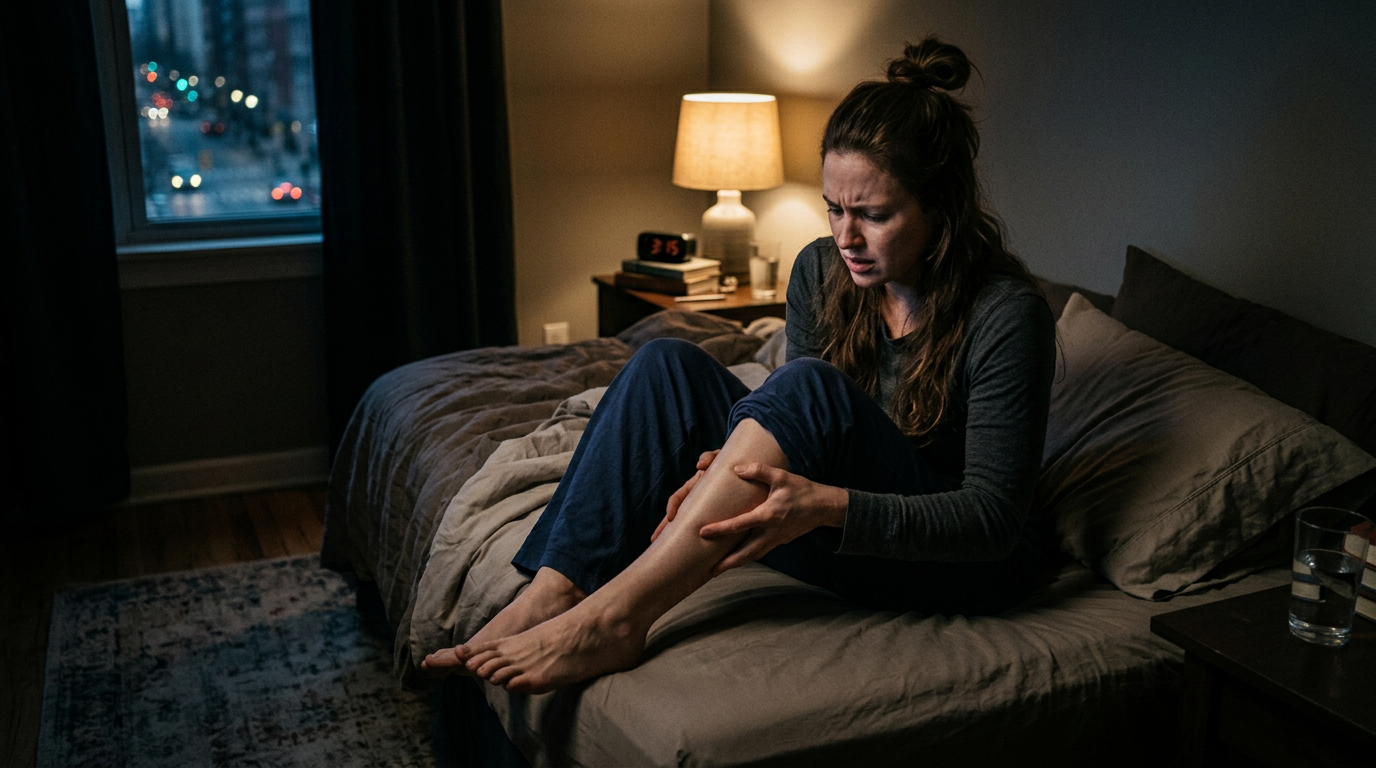 Woman sitting on bed clutching her lower leg with a pained expression at night