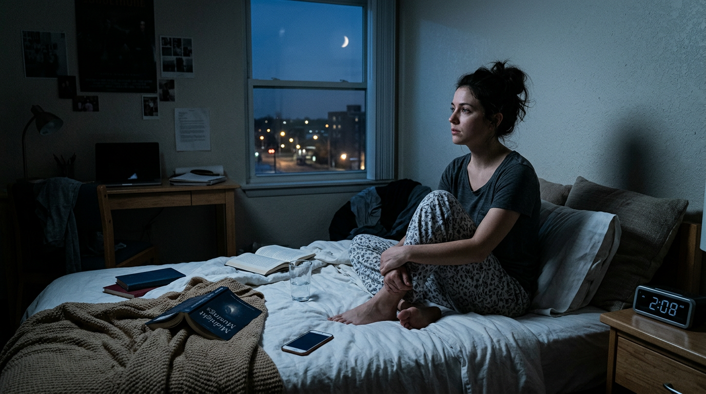 Woman sitting on bed at 2am moonlight