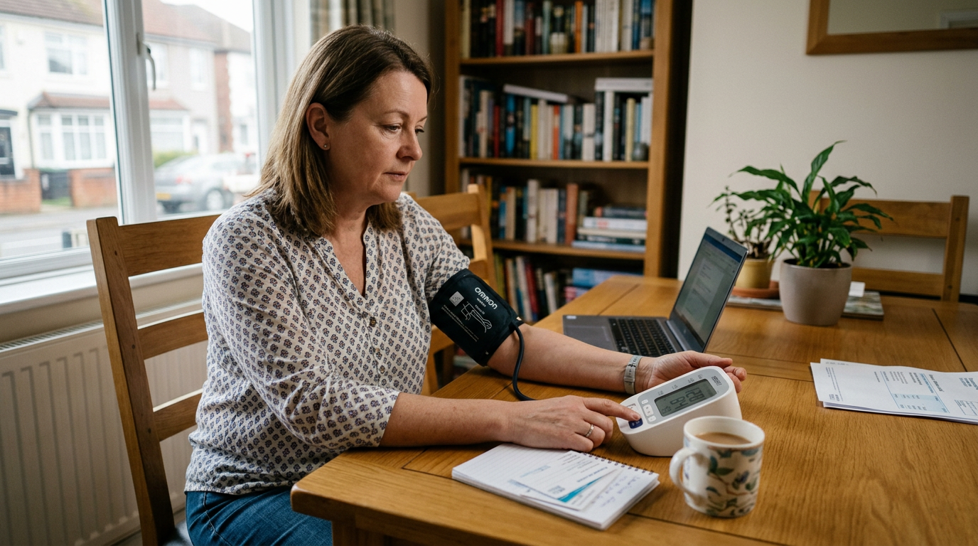 Woman using digital blood pressure monitor at home